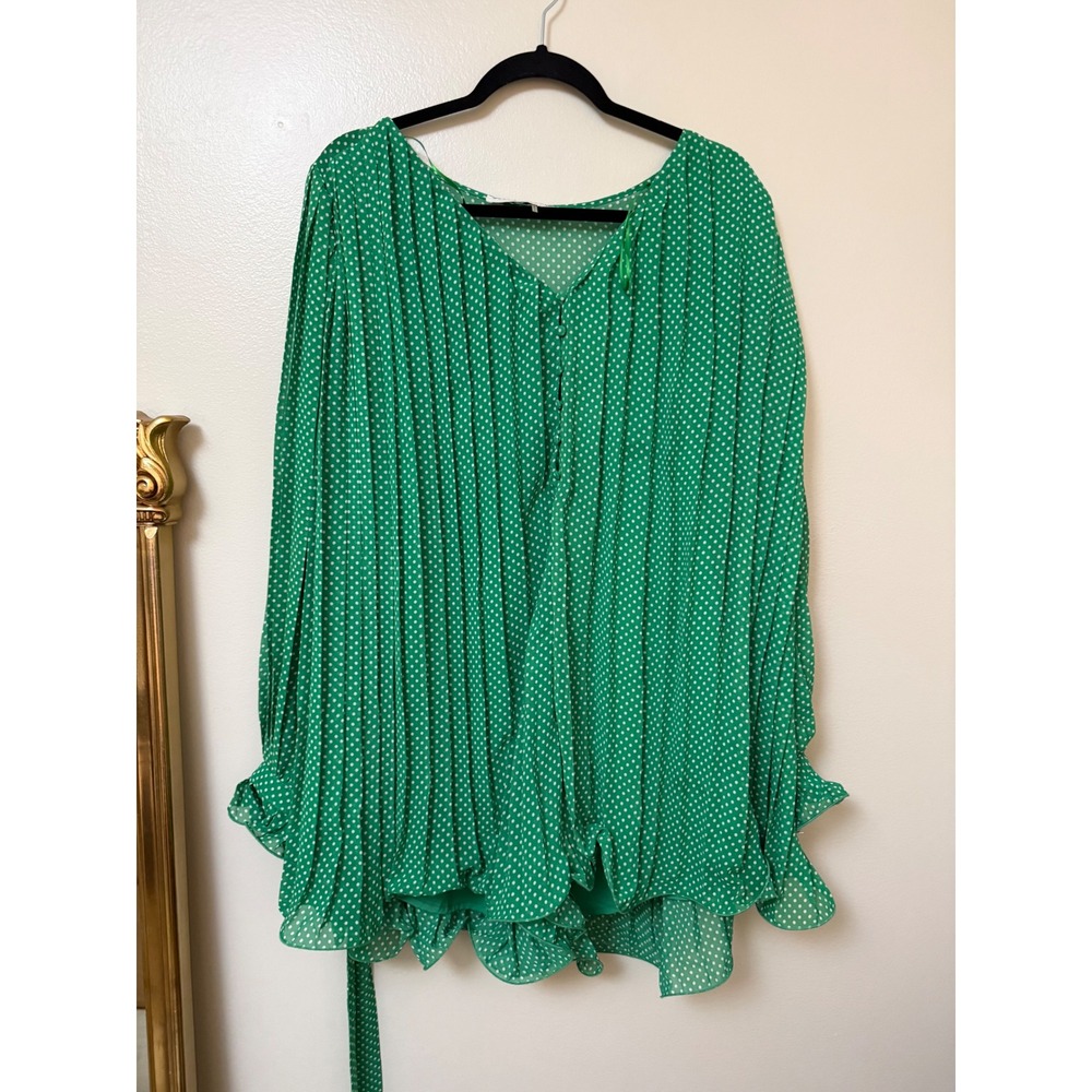 Endless Rose Green Polka Dot Pleated Long Sleeve Wide Leg Romper with Tie Waist - Picture 15 of 16